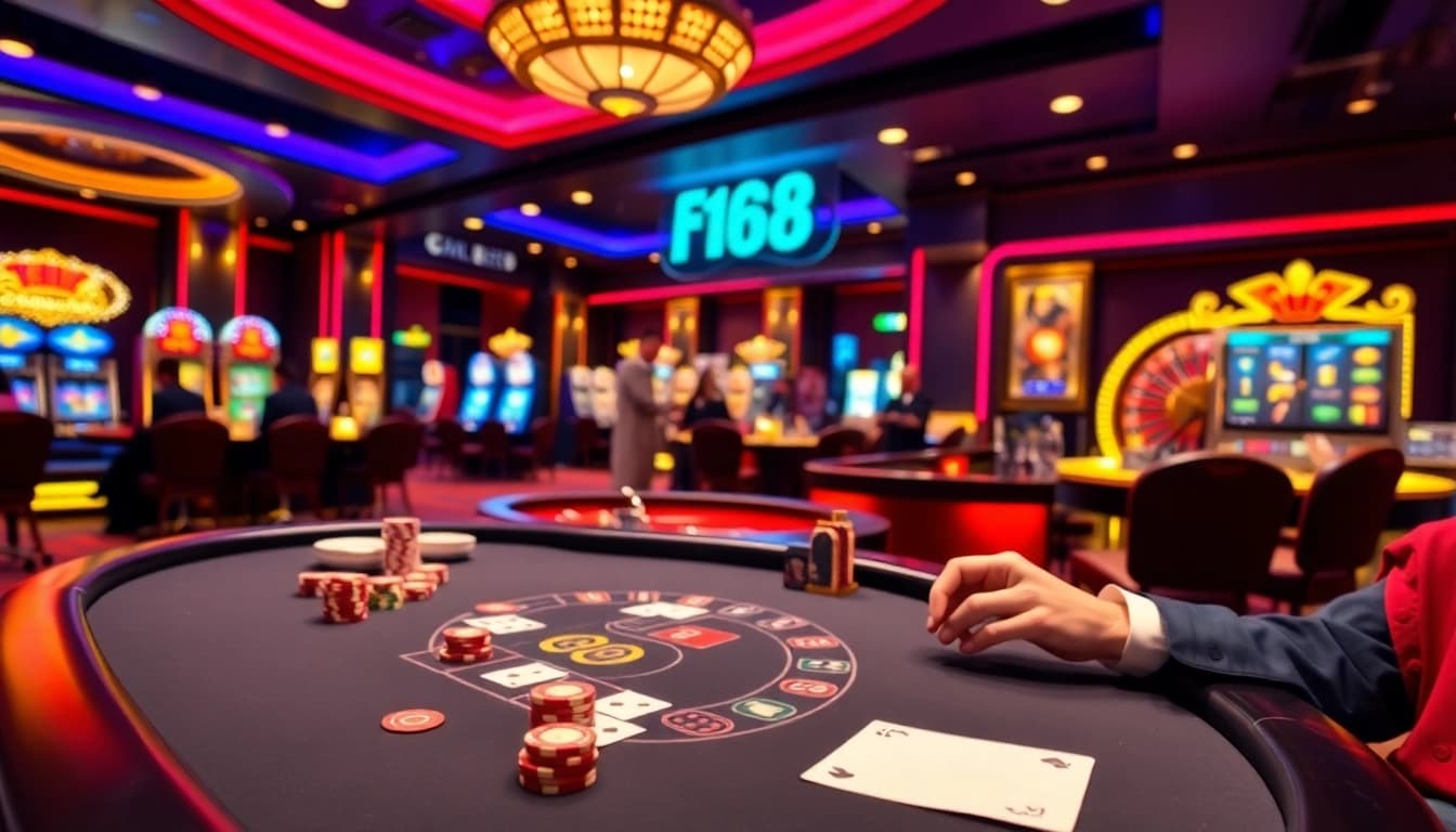 Engage with the f168 casino experience as players strategize at a glamorous poker table.
