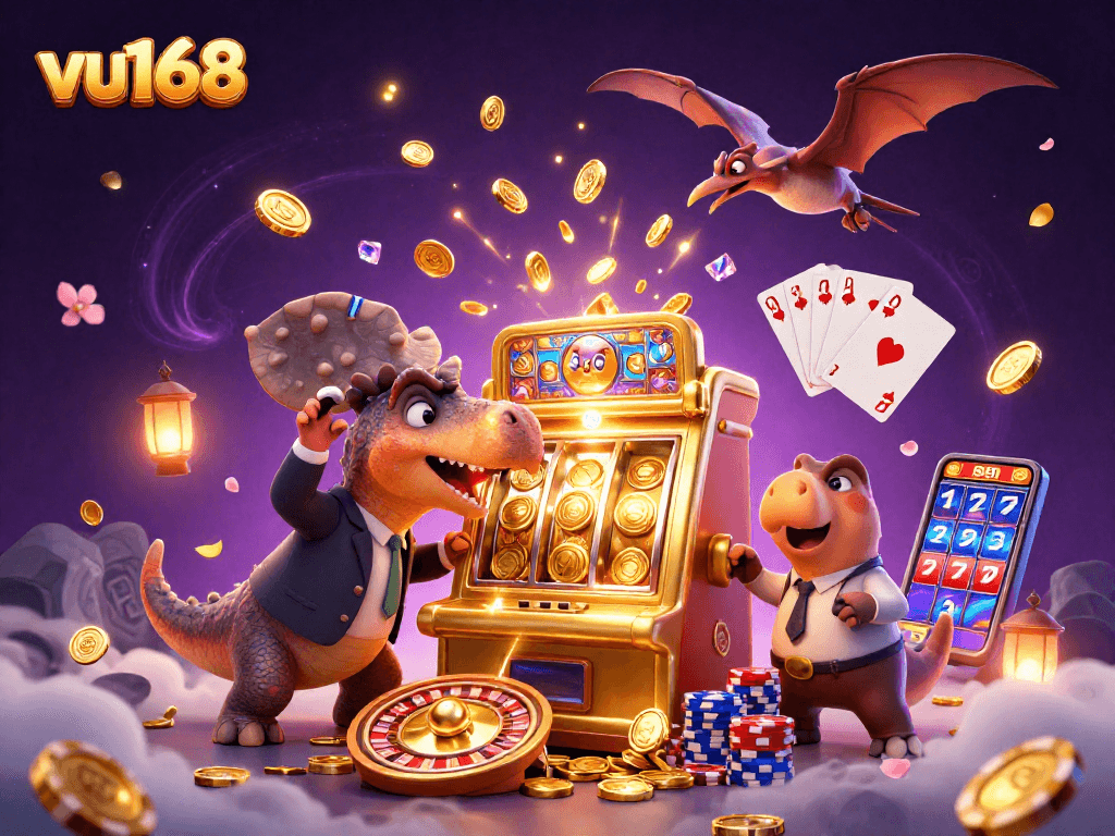vu168 jackpot scene with a dinosaur, casino elements, and flying coins