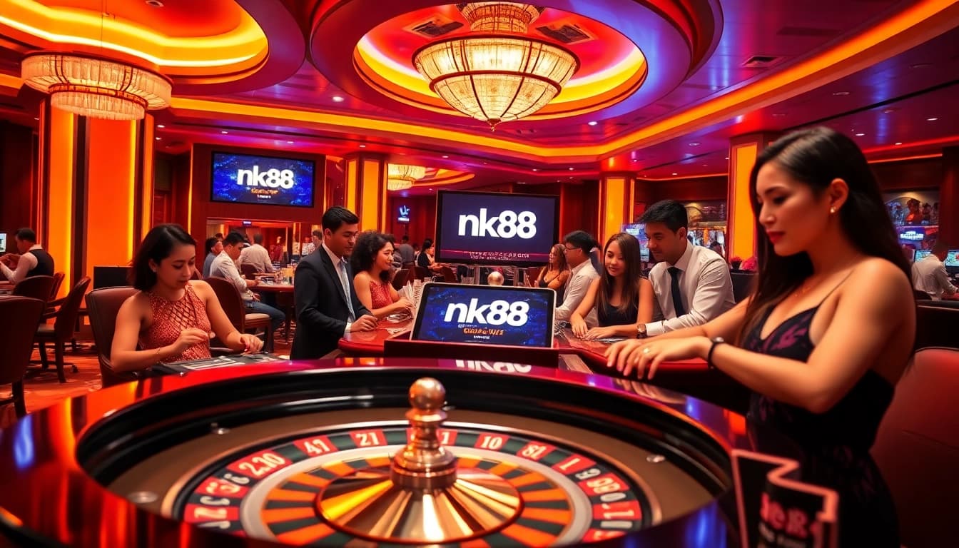 Players enjoying games at nk88 casino, showcasing excitement with poker chips and roulette.