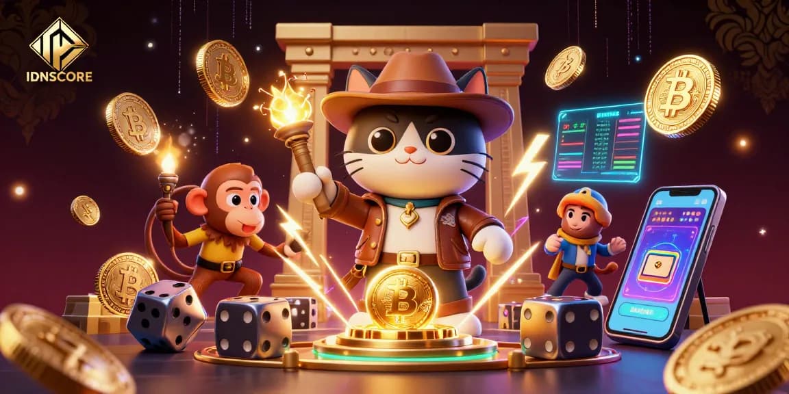 Experience the thrill of IDNSCORE in a dynamic 3D casino adventure with vibrant crypto elements.