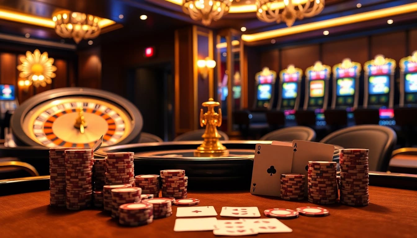 Exciting qh88 casino experience with vibrant poker table and roulette wheel lighting.