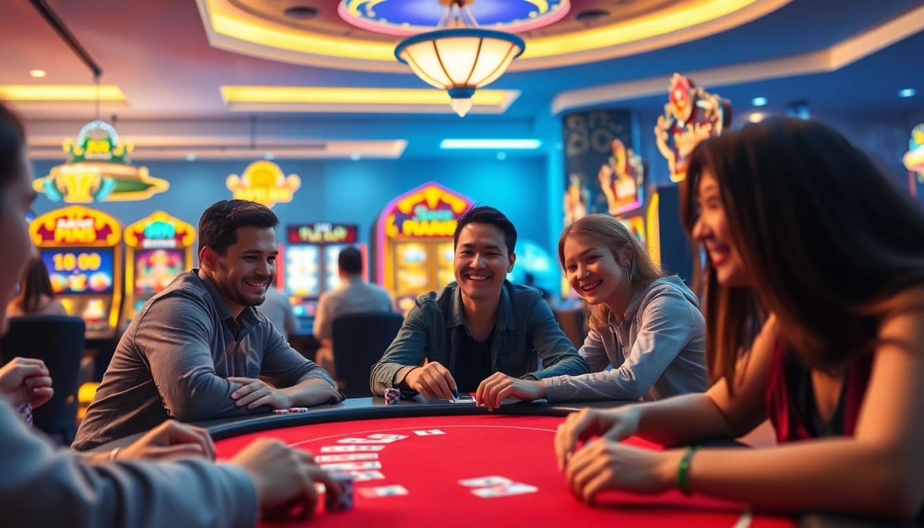 Dynamic gaming experience at Go88, featuring players engaged in card games and slots.