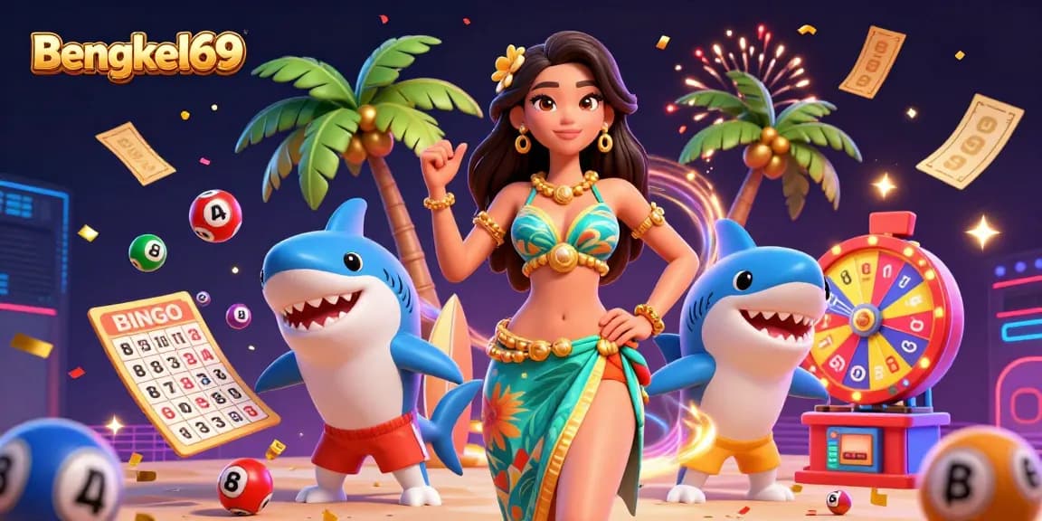 Bengkel69 dazzles in an exciting 3D illustration showcasing thrilling lottery games, vibrant colors, and festive vibes.