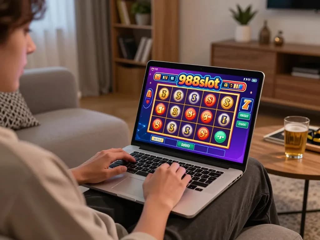 Engaging home gaming scene featuring a player enjoying 988slot on a laptop in a cozy setting.