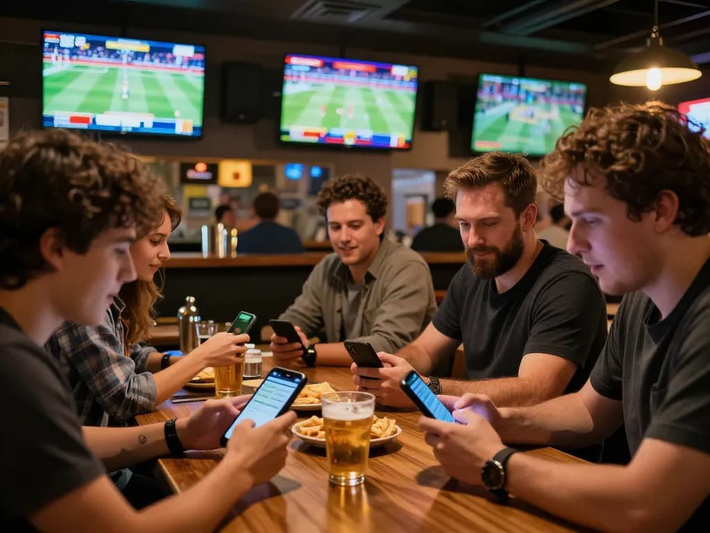 Betting enthusiasts analyzing ty le keo nha cai at a lively sports bar, screens showcasing live games.