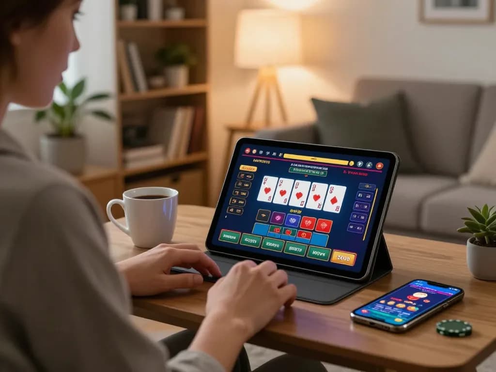 Experience online gaming at Luck8 with a player using a tablet in a cozy living room.