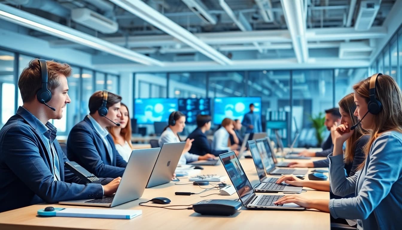 Employees using a cloud based phone system in a modern office environment.