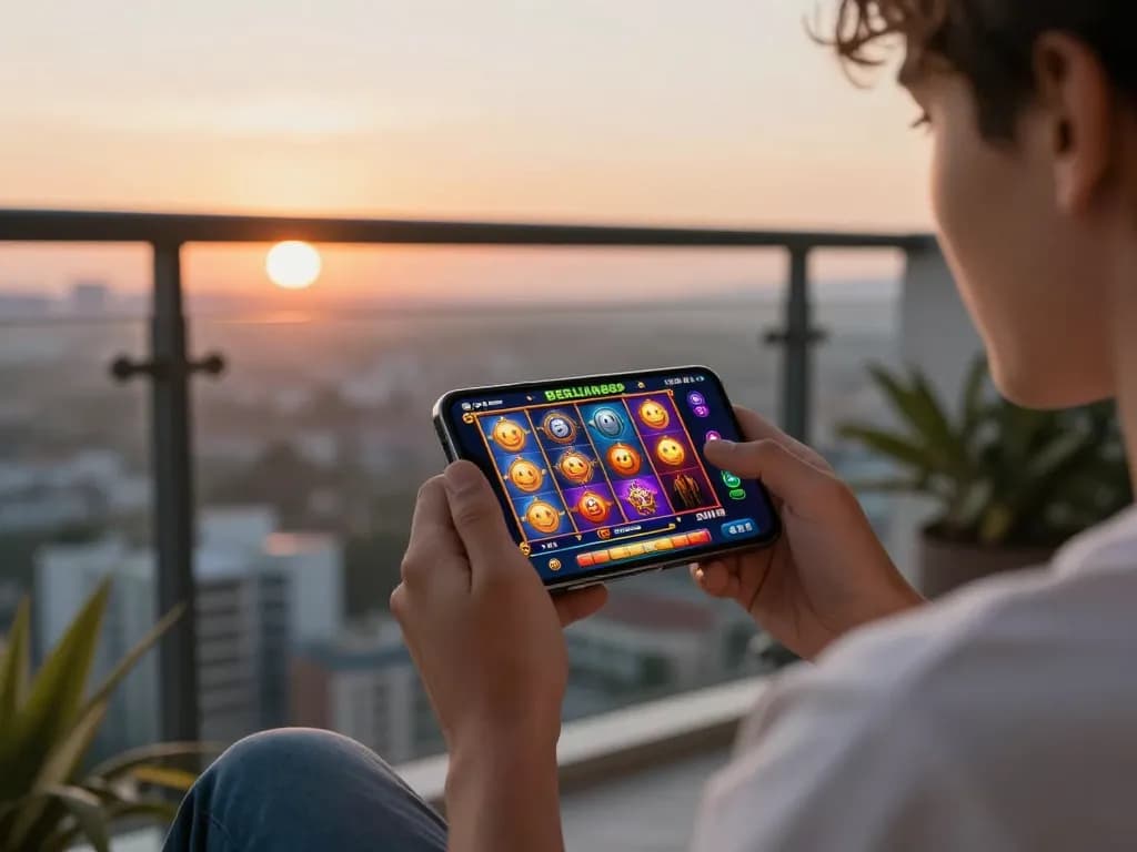 Engaging player enjoying the BERLIAN889 Slot app on a smartphone, capturing the excitement of online slots.