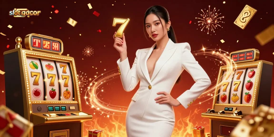 Experience thrilling play with slot gacor, showcasing a confident woman in a luxury casino setting.