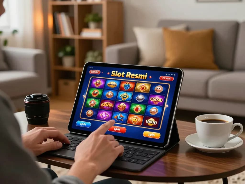 Engaging online player using a tablet for Slot Resmi gaming in a cozy living room