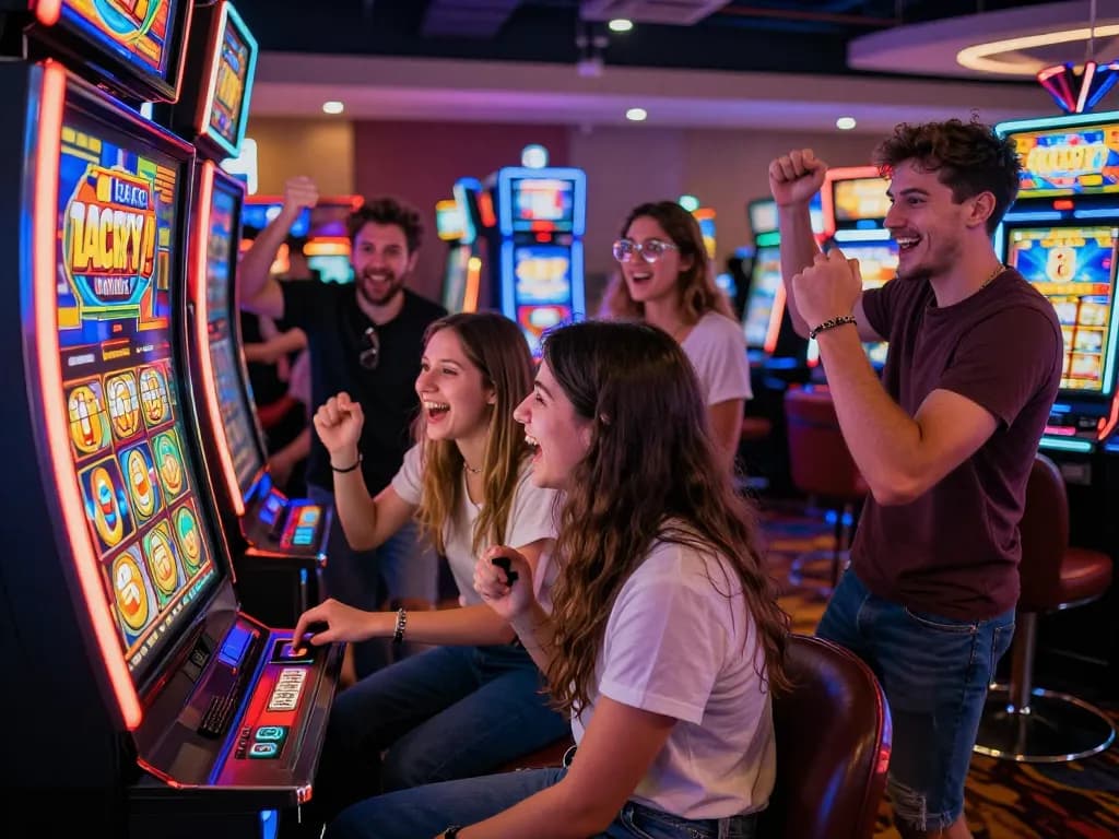Friends celebrating a jackpot win on Lucky 88 slot machine in a lively casino atmosphere.