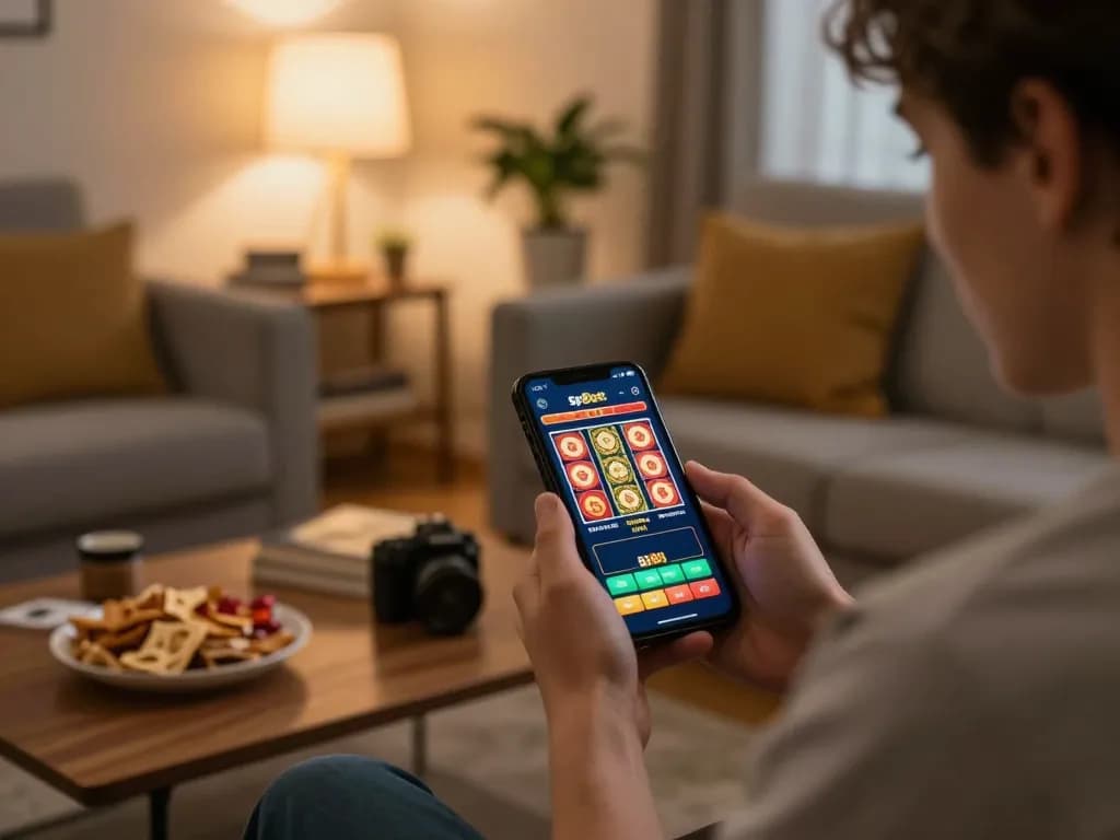 Engaged user playing slots on the sp8bet app in a cozy home setting, highlighting responsible gaming.