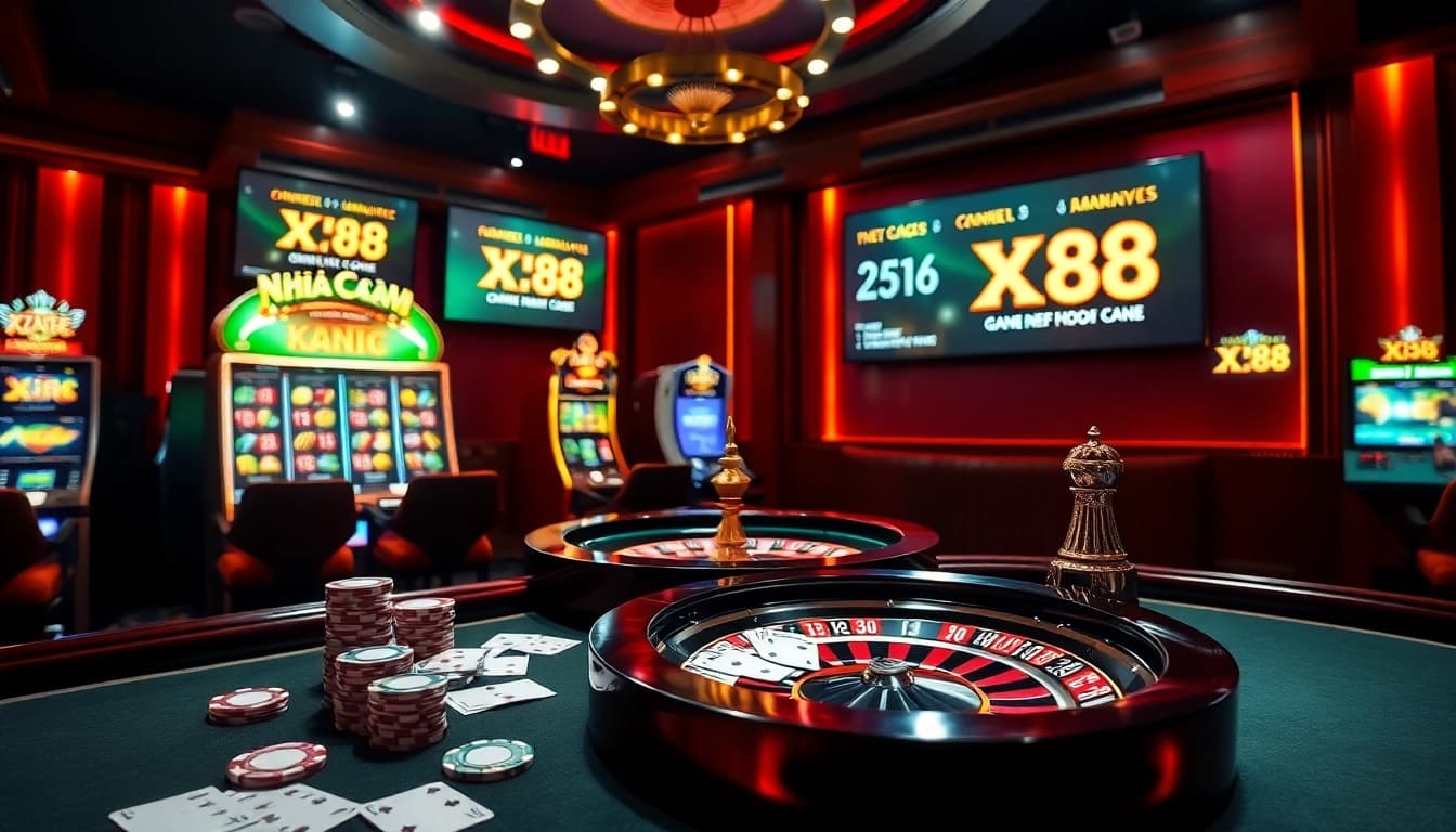 Engaging scene featuring nhà cái XX88 casino with poker chips, cards, and a roulette wheel.