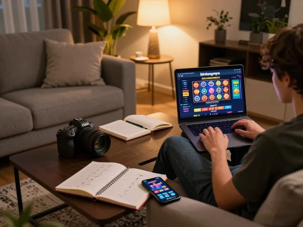 Pemain yang terlibat menjelajahi kasino online bintangmpo dengan catatan taruhan strategis di dekatnya.