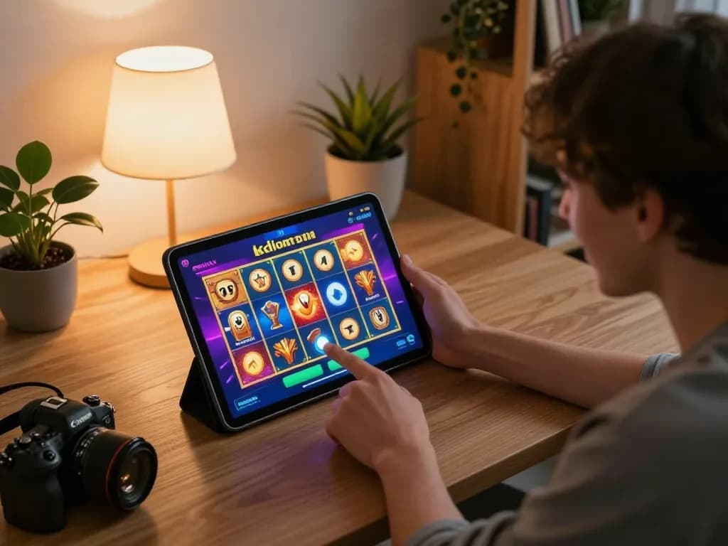Enjoying engaging kdslots gameplay on a tablet at home with a cozy atmosphere.