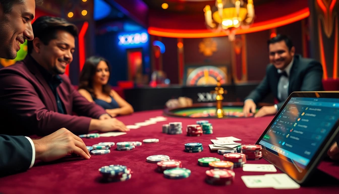 Experience the excitement of XX88 at a luxurious poker table with vibrant chips and cards.