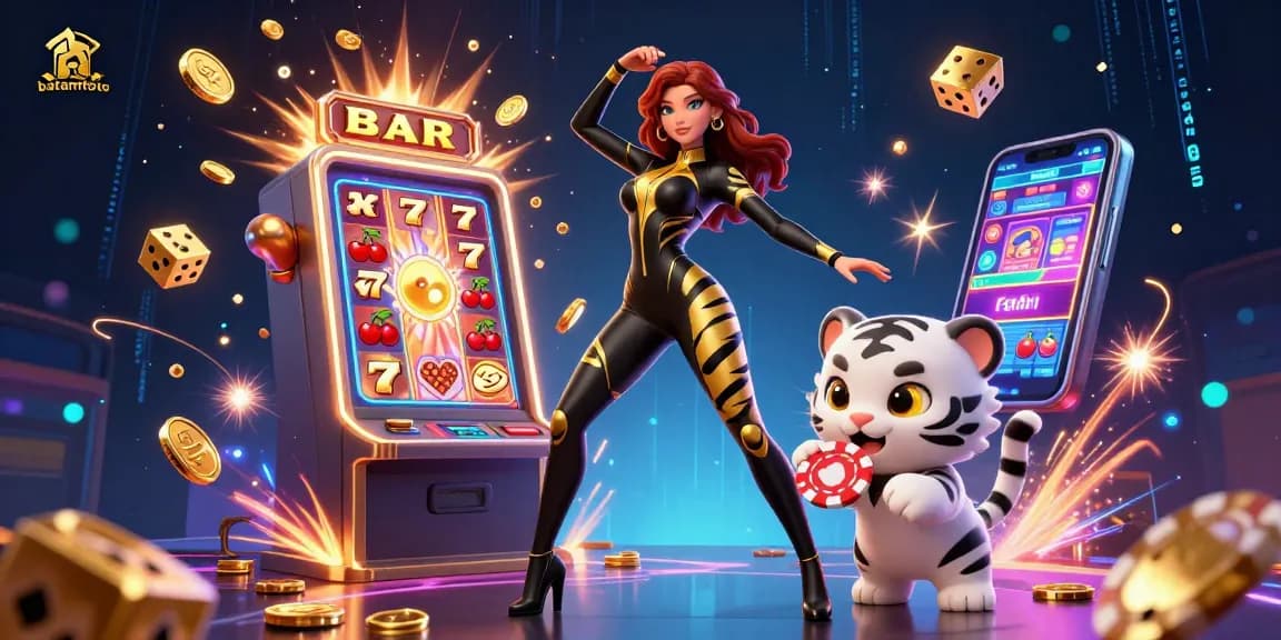 Experience excitement at batamtoto with dynamic visuals of a semi-realistic character amidst casino reels and golden prizes.