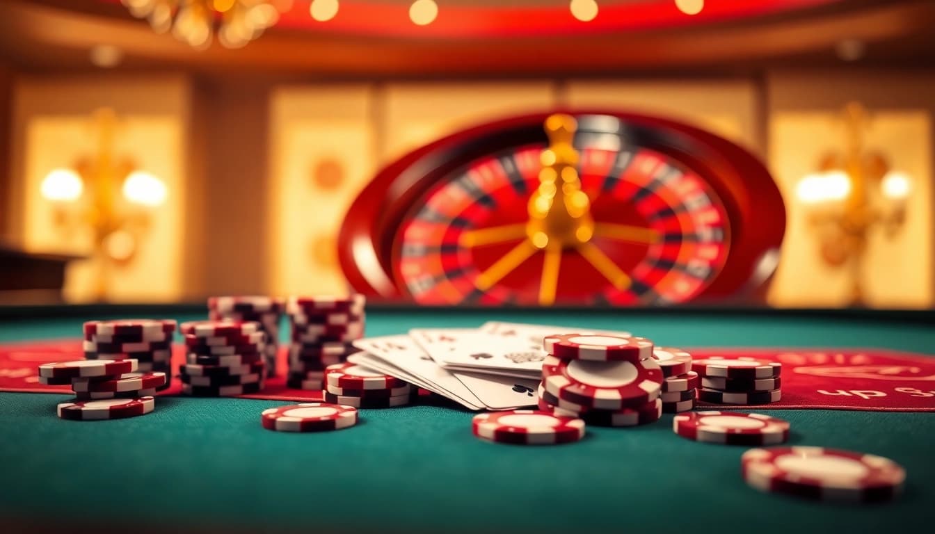 Experience the luxury of gambling at https://rr88.mov/ with a vibrant casino scene showcasing poker chips and a roulette wheel.