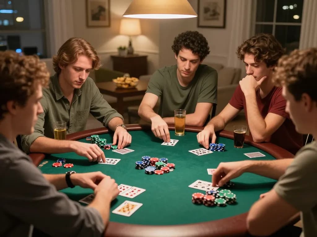 Friends enjoying an intense vu88 poker night with vibrant chips and cards, fostering strategic gameplay.