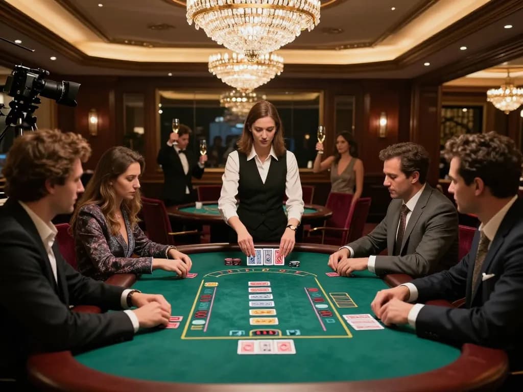Bong99 players strategizing at a luxurious blackjack table, showcasing an intense gaming experience.