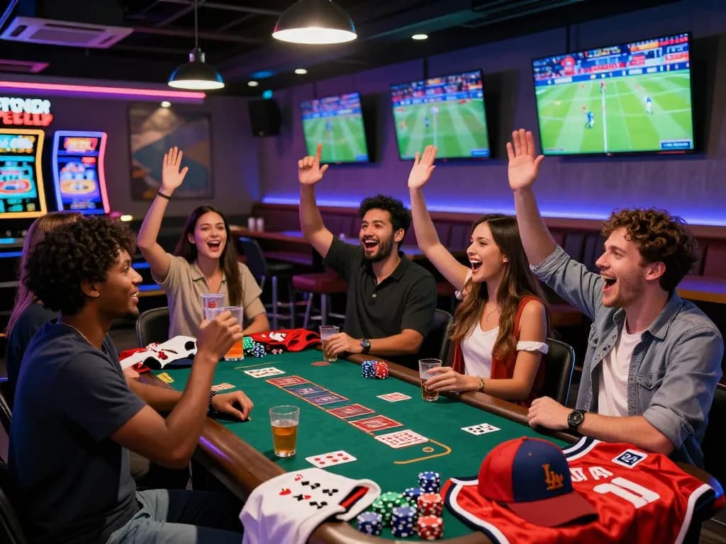 Friends celebrating at a zbet sports betting lounge with screens showing live games.