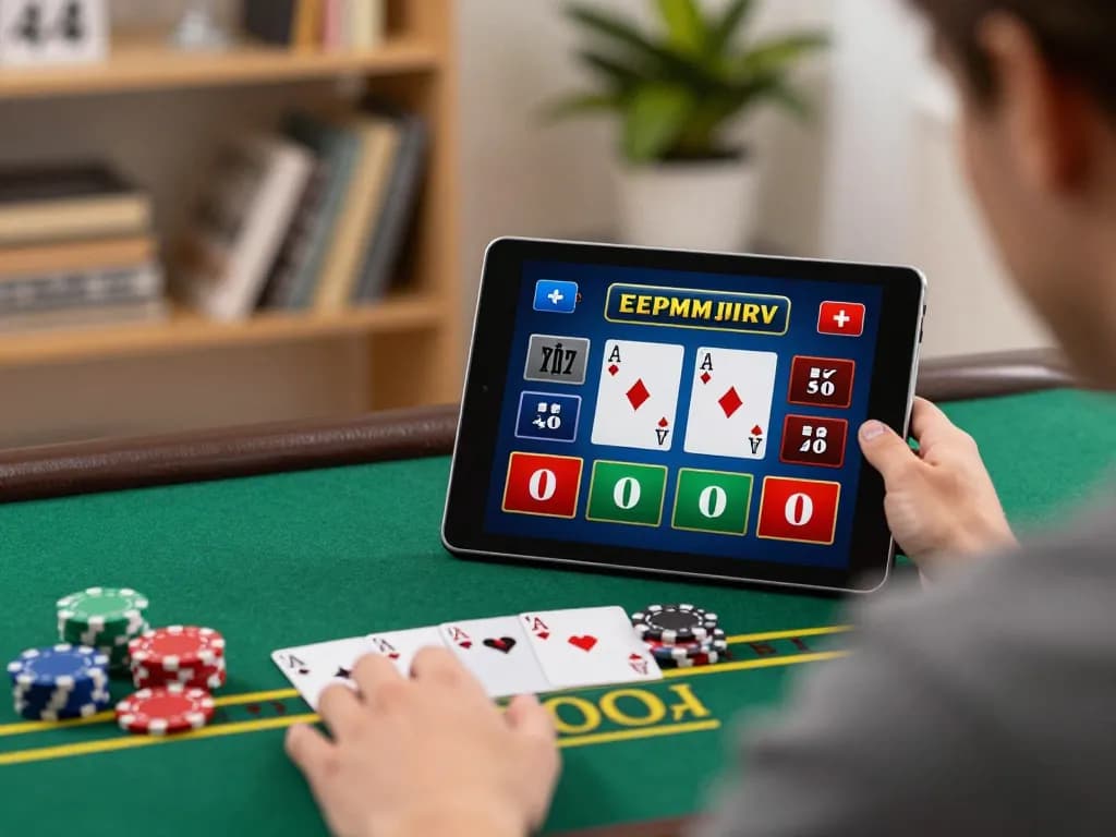 MU88 online casino player engaging in strategic blackjack gameplay on tablet in cozy home.