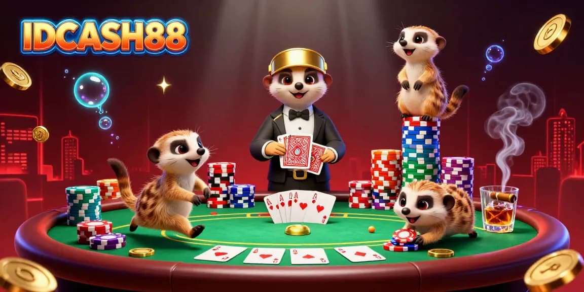 Engage with IDCASH88's vibrant casino scene featuring charming meerkats enjoying poker action.