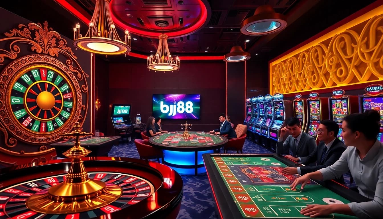 Experience the thrill of gambling with bj88 in a vibrant casino scene featuring roulette wheels and poker tables.