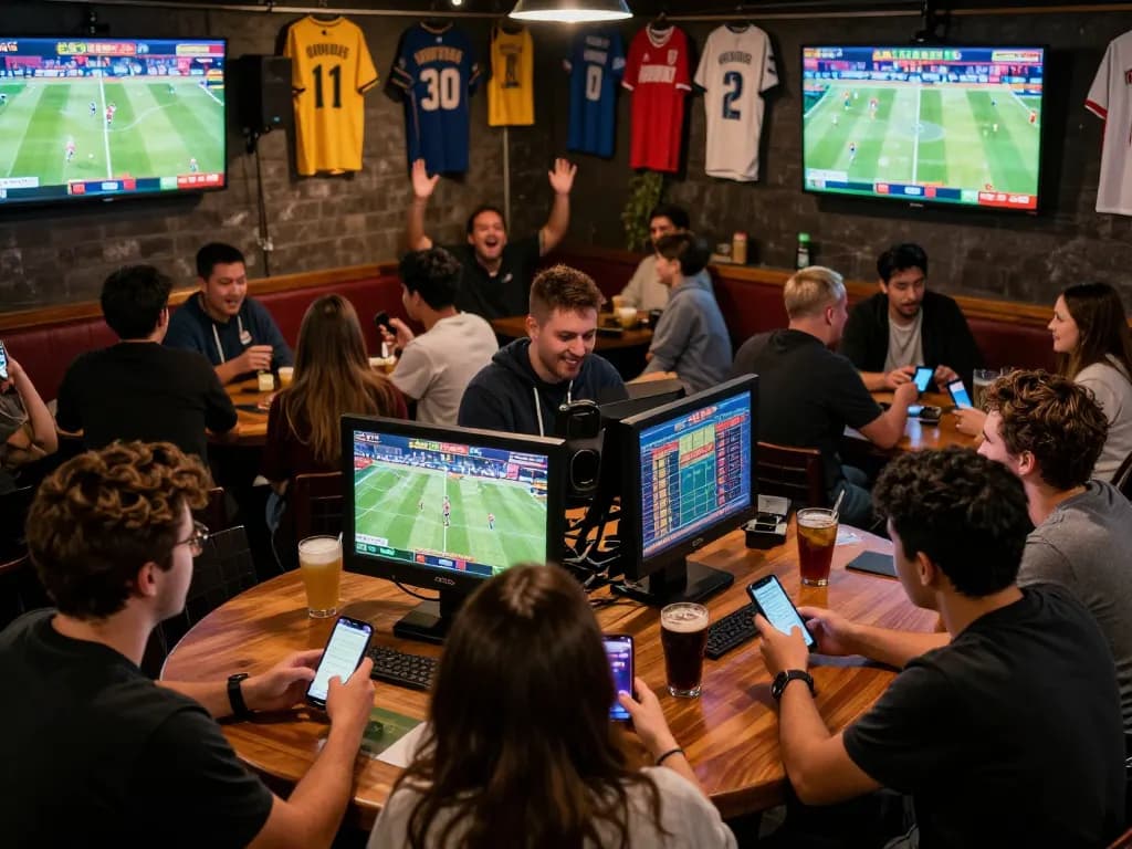 Bong88 sports betting scene with fans cheering and using apps for live wagering