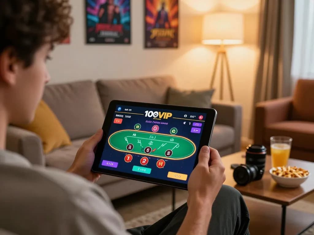 Player enjoying a game on the 100VIP app in a cozy home setting, highlighting online gambling excitement.