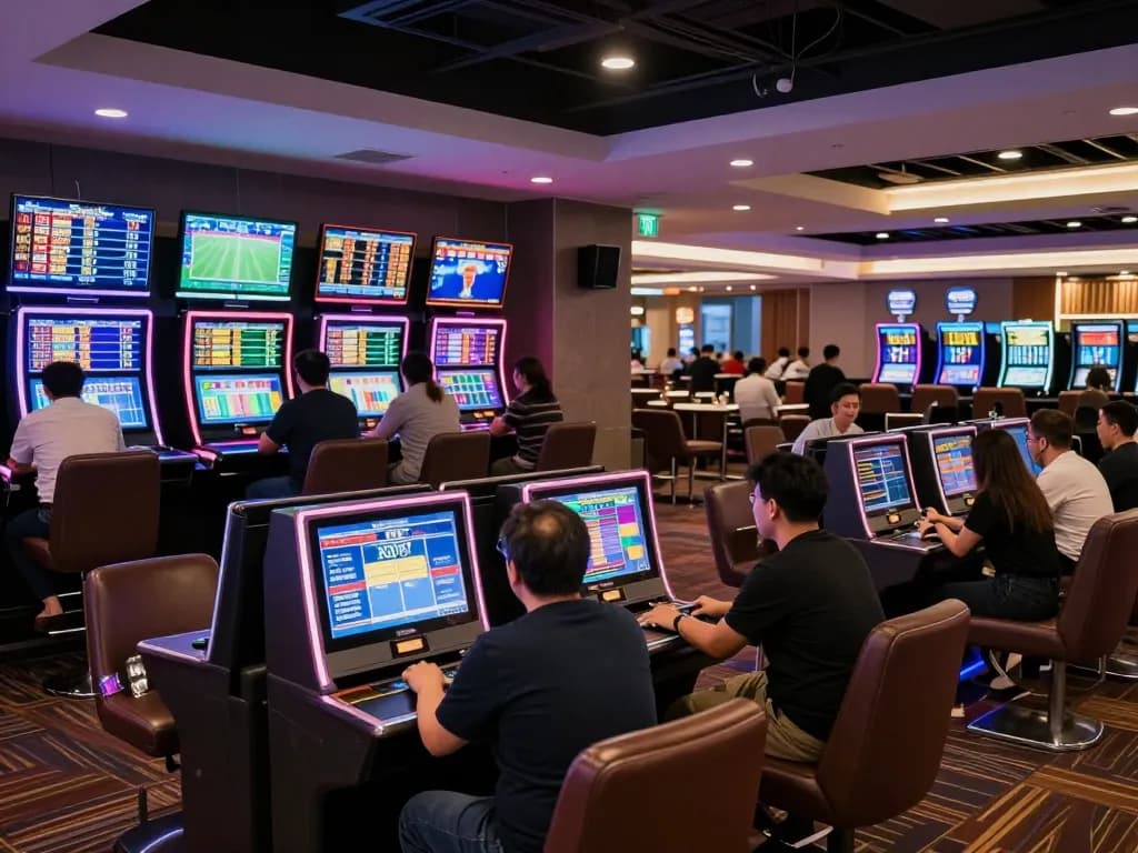 Patrons analyzing kèo nhà cái while enjoying the vibrant sports betting lounge atmosphere