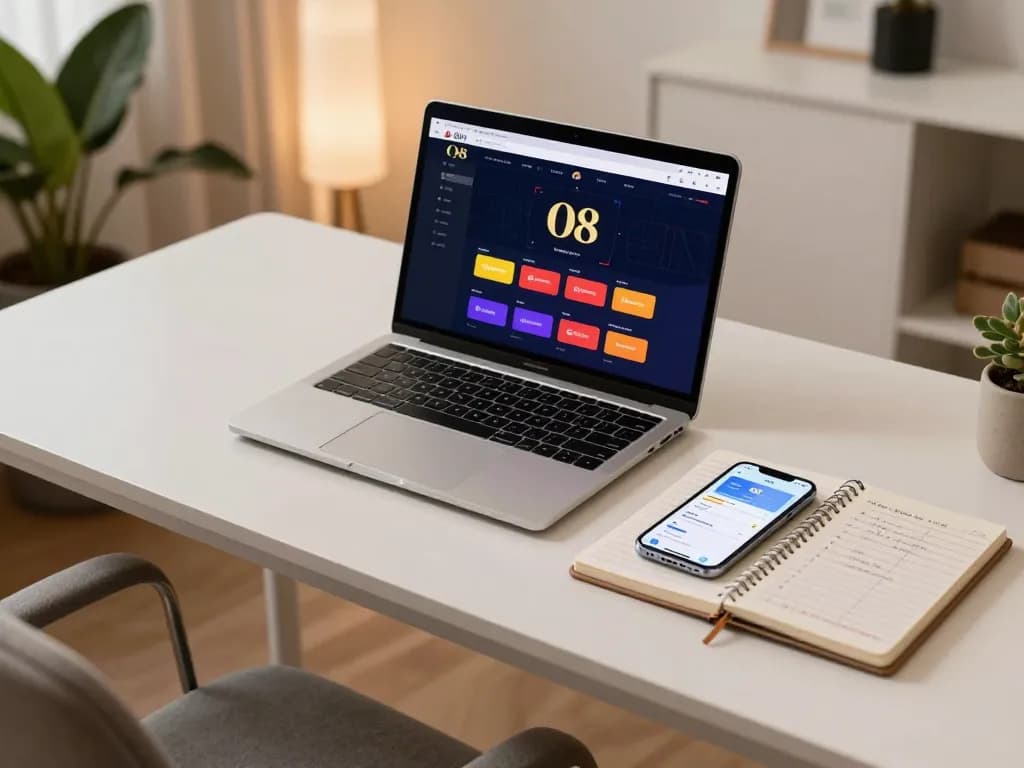 Gambling enthusiast strategizing on O8 casino interface with laptop and mobile app