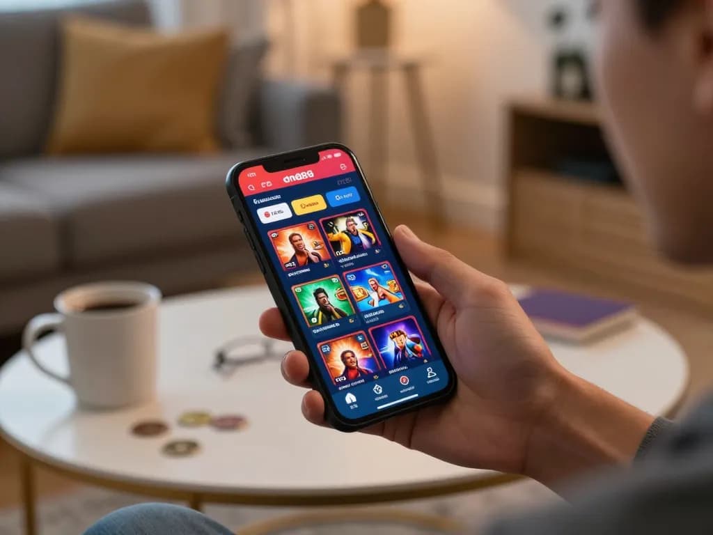 Engaging gameplay on dn88 mobile casino app displayed on smartphone in a cozy home setting.
