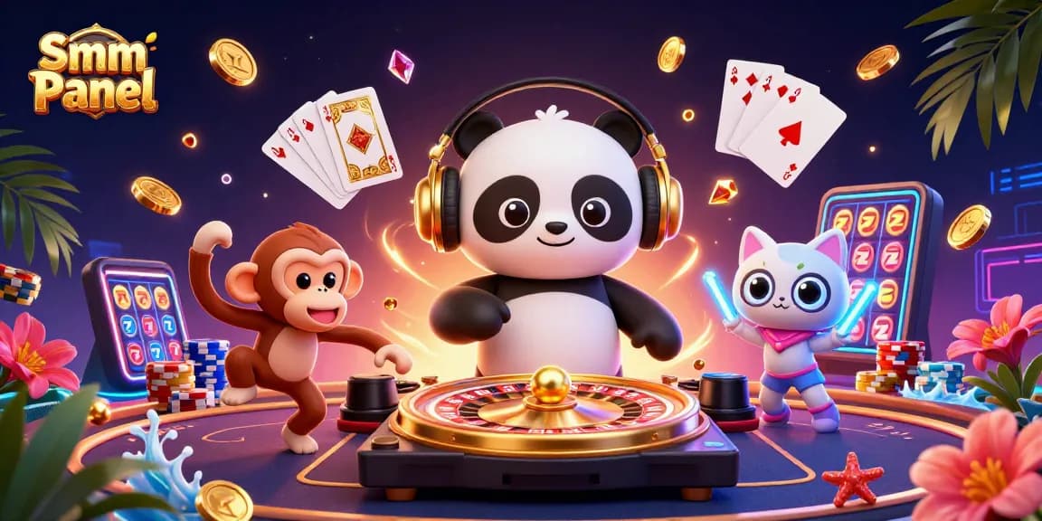 Boost engagement with Smm Panel featuring dynamic cartoon characters and casino elements.