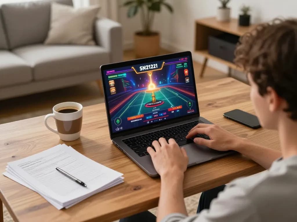 Pemain menikmati permainan online SN2121 di rumah dengan laptop dan catatan keuangan.