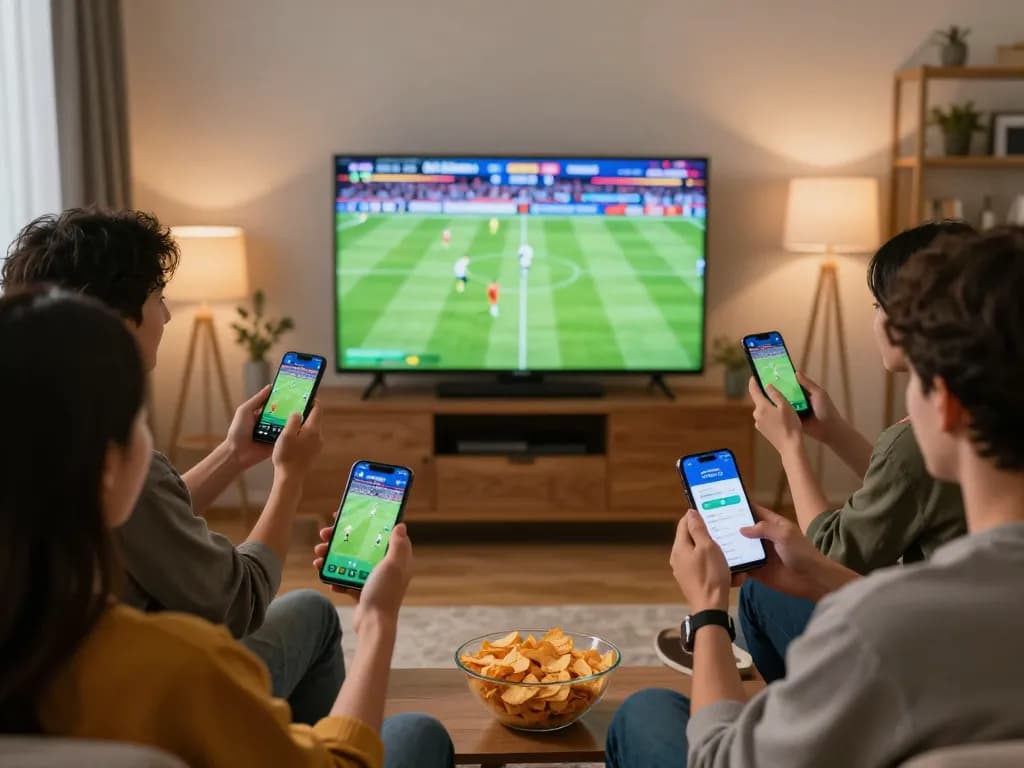 Exciting sports betting moment with friends using the Okwintv app to place live bets during a football game.