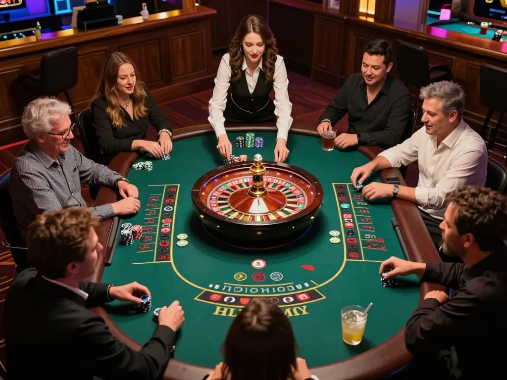 Players enjoying a thrilling roulette game at god55 online casino under warm ambient lighting.