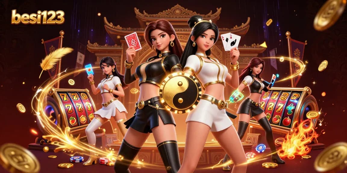 Experience the thrill of winning with besi123, showcasing a dynamic casino scene with vibrant characters.
