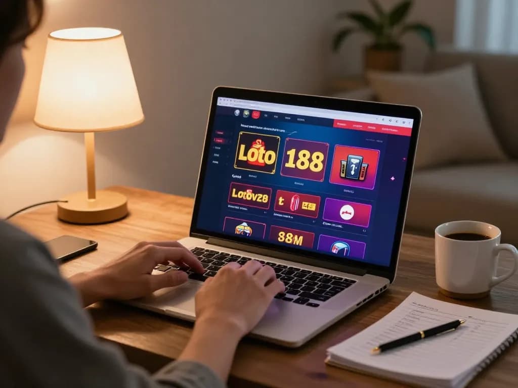 Engaging in casino betting on loto188 platform using laptop in a cozy home setting