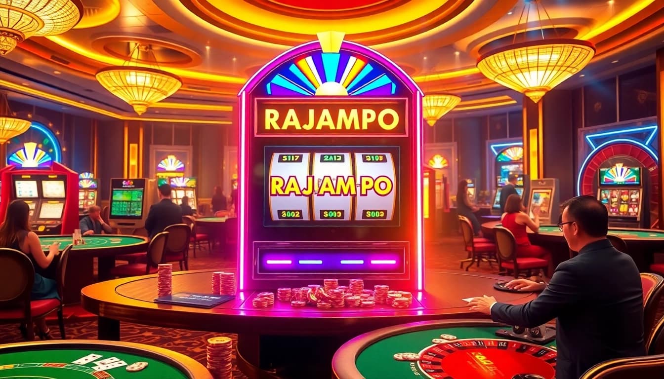 Mesin slot RAJAMPO yang menampilkan kegembiraan dan kemenangan di kasino modern.