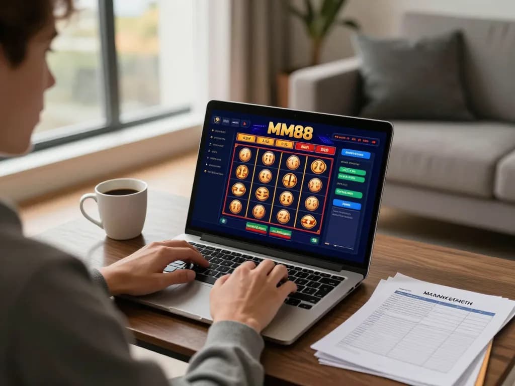 Engaging online casino experience on MM88 with a player analyzing slots on a laptop
