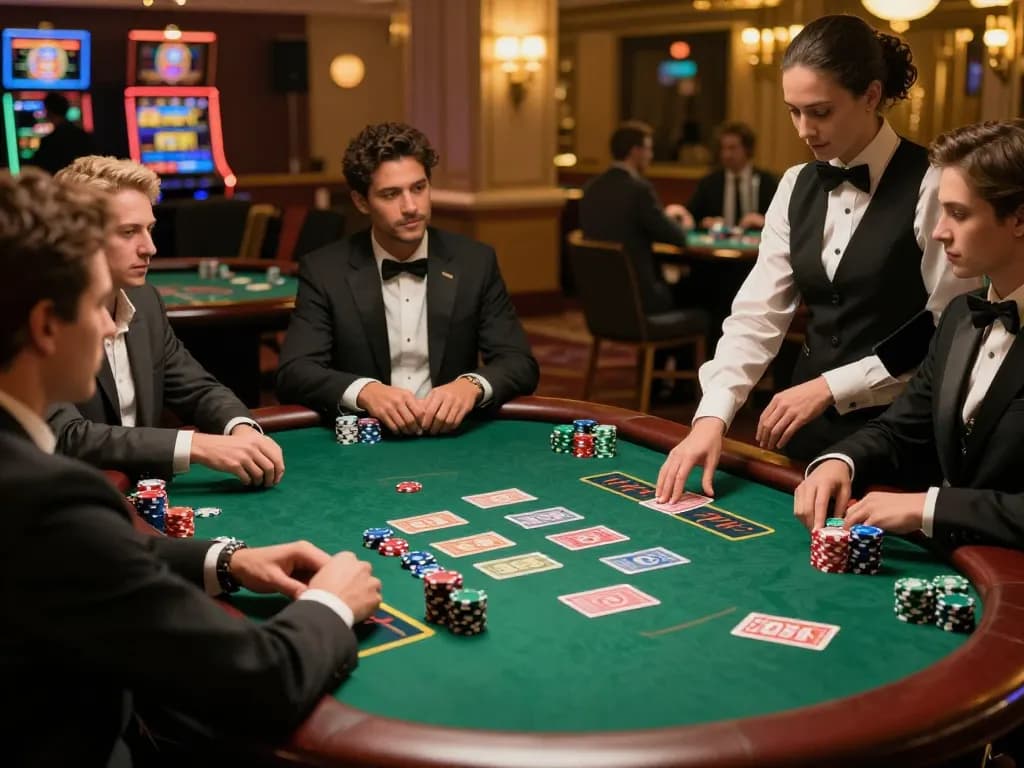 SG777 players strategizing at an upscale blackjack table in a luxurious casino environment
