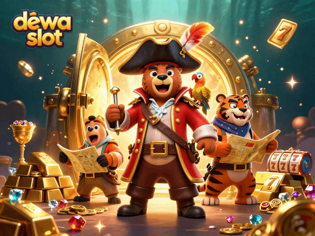 Engage with dewa slot adventures featuring a pirate captain bear and a fierce tiger amongst treasures and slot reels.