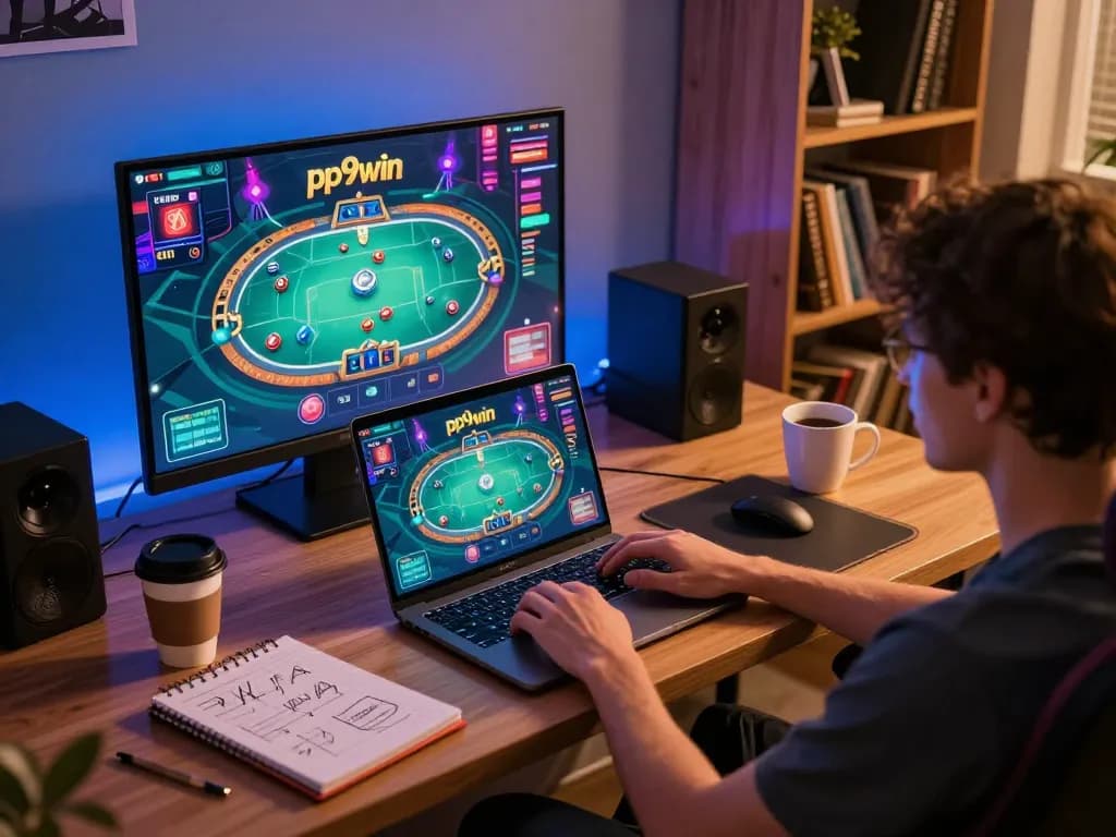Engaging with pp9win online gaming at home, featuring a dynamic laptop setup.