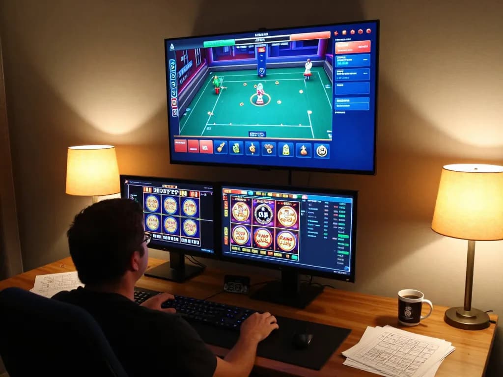 Pemain CEPAT88 menikmati permainan kasino online di meja modern dengan layar cerah yang menampilkan slot dan dealer langsung.