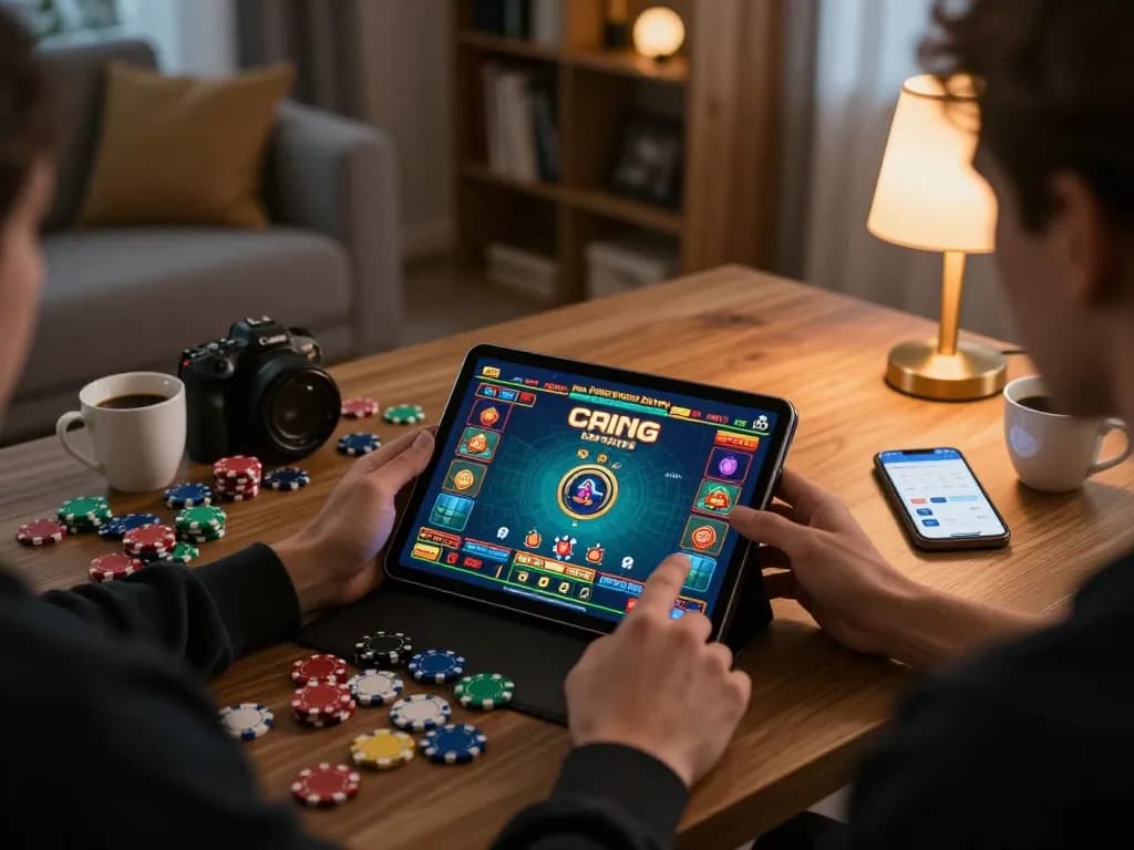 Engaged players on rikvip enjoy online casino gaming on tablet in cozy home setting.