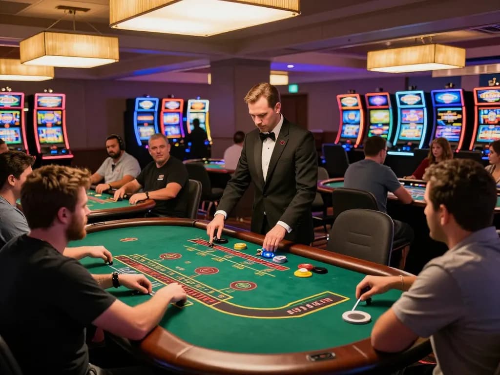 Players engage in intense blackjack games at the lively casino floor, experiencing the thrill of wins with 5679 odds.