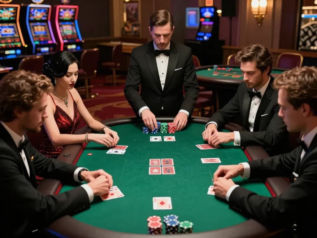 bdtk66 poker players strategizing around a green felt table in an upscale casino setting