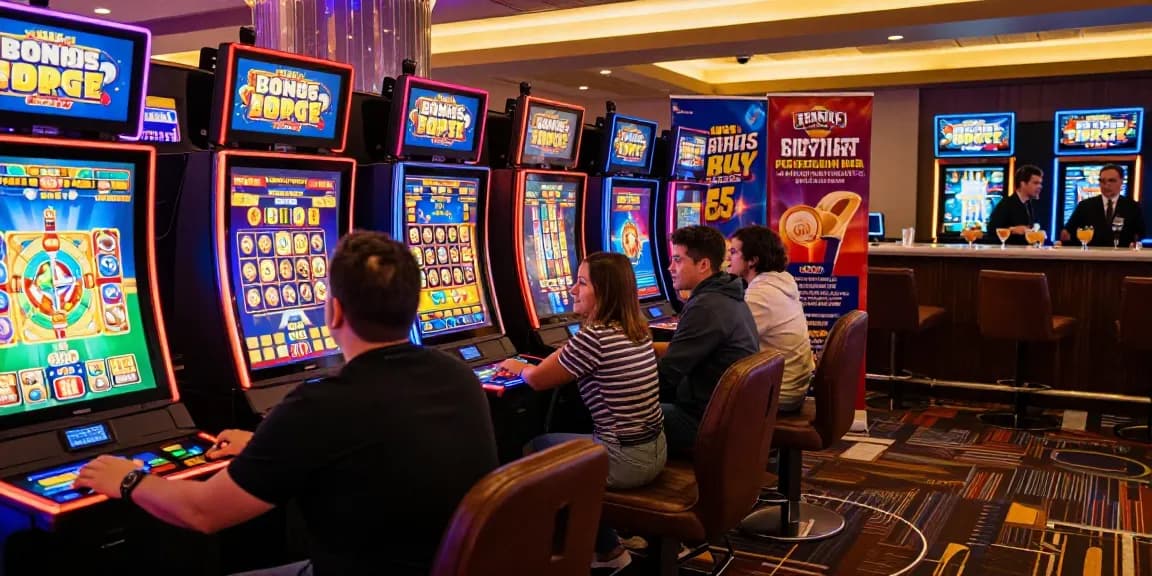 Players enjoying cocomaya bonus buy slots in a vibrant casino setting with stylish machines and animated screens.