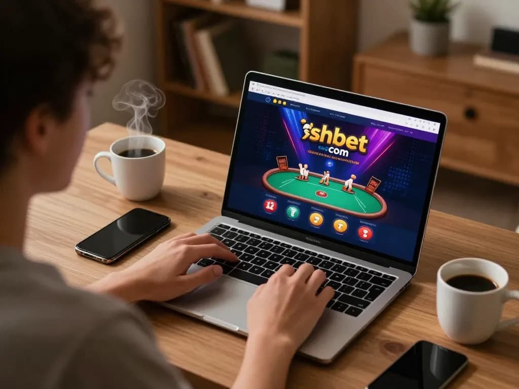 Engaged player at shbet com using laptop for online poker strategy with cozy home atmosphere.
